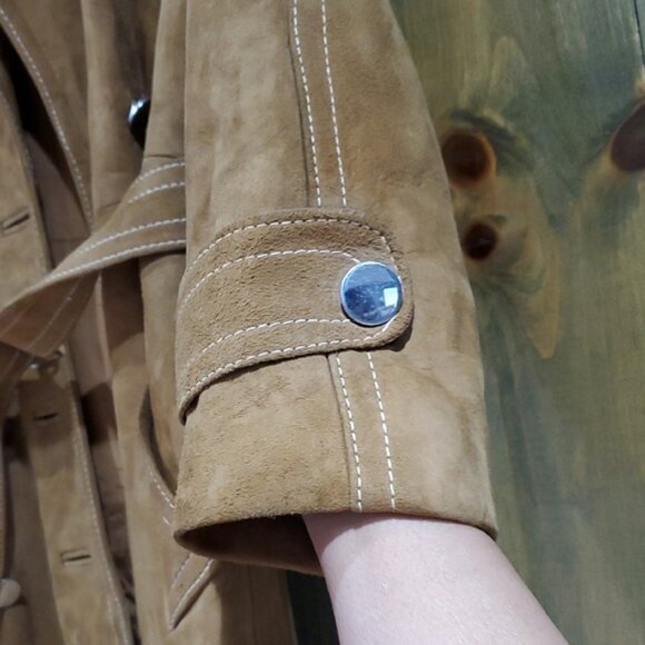 Vintage Tan Caramel Suede Leather Lined Trench Coat 70s 80s Dan Di Modes W Belt - Picture 3 of 16